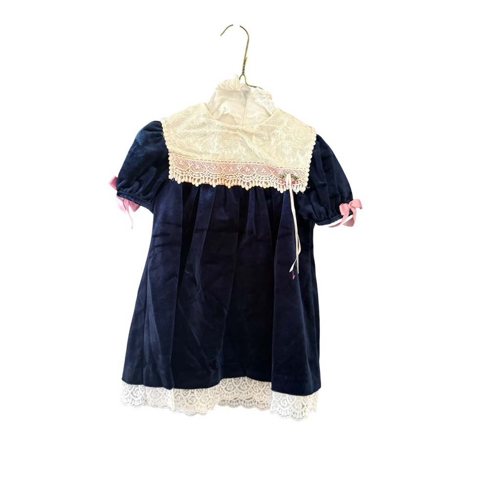 Bonnie Jean Vintage Girls 3T Blue Velvet Lace Bib Collar Dress Pink Bows USA